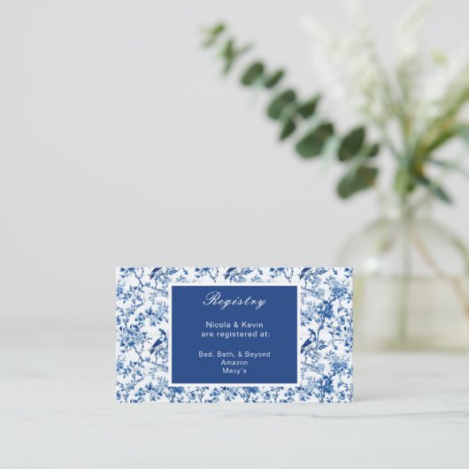 Chinoiserie Blaue Vögel und Blume Hochzeit Begleitkarte (Stehend Vorderseite)