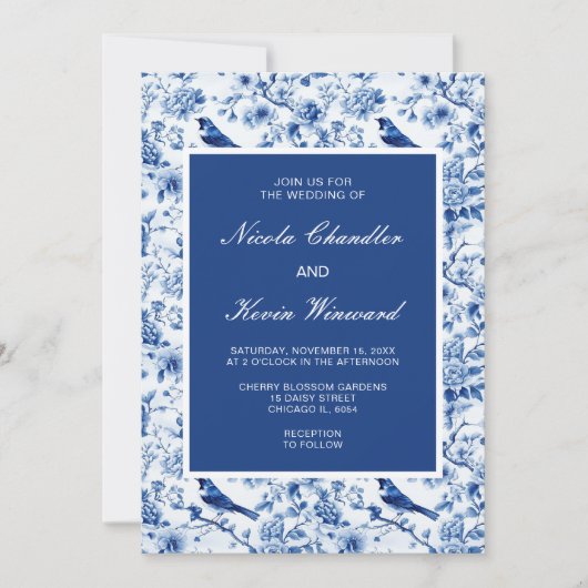 Chinoiserie Blaue Vögel und Blume Hochzeit Einladung (Vorderseite)
