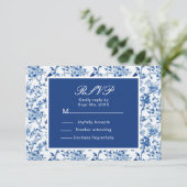 Chinoiserie Blaue Vögel und Blume Hochzeit RSVP Karte (Stehend Vorderseite)