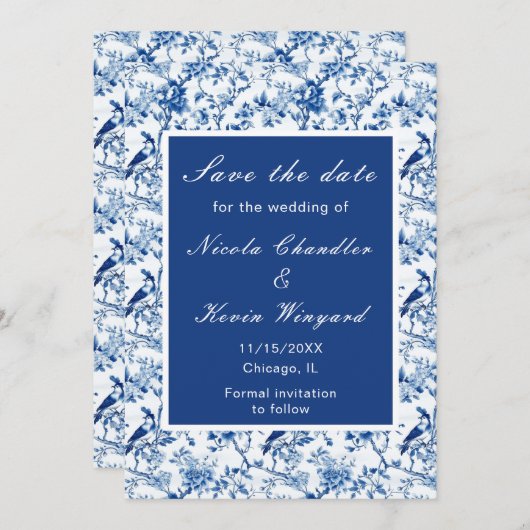 Chinoiserie Blaue Vögel und Blume Hochzeit Save The Date (Vorne/Hinten)