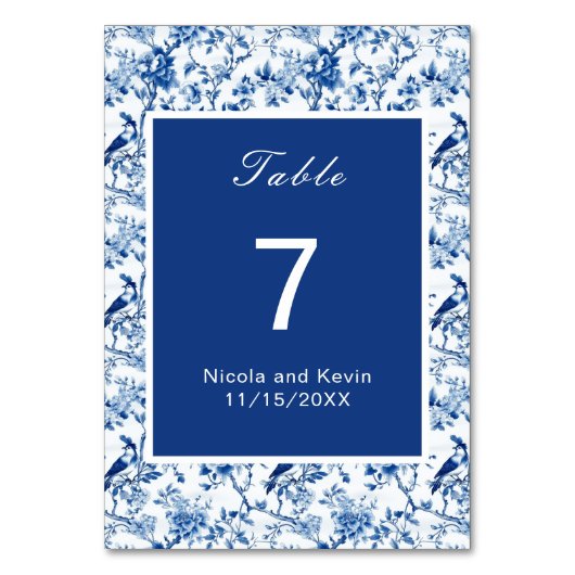 Chinoiserie Blaue Vögel und Blume Hochzeit Tischnummer (Vorderseite)