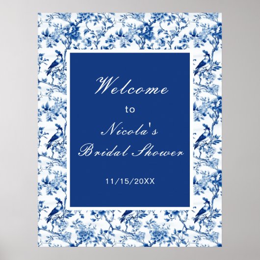 Chinoiserie Blaue Vögel und Blumen Brautparty Poster (Vorne)