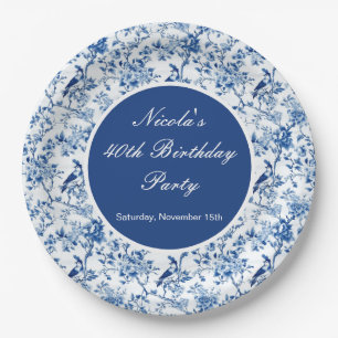 Chinoiserie Blaue Vögel und Blumen Geburtstag Pappteller