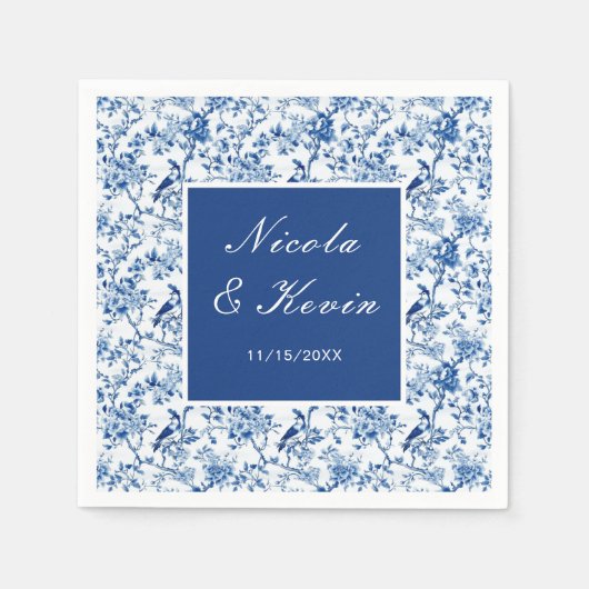 Chinoiserie Blaue Vögel und Blumen Hochzeit Serviette (Vorderseite)