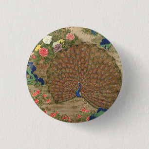 Chinoiserie Blauer Pfau mit exotischem Blumengarte Button
