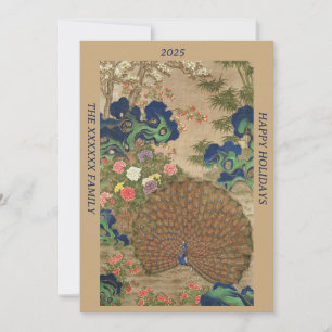 Chinoiserie Blauer Pfau mit exotischem Blumengarte Feiertagskarte