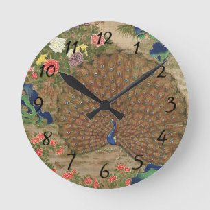 Chinoiserie Blauer Pfau mit exotischem Blumengarte Runde Wanduhr