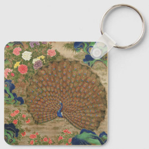 Chinoiserie Blauer Pfau mit exotischem Blumengarte Schlüsselanhänger