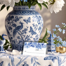 Chinoiserie Blauer und Weißer Blumenvogel