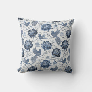 Chinoiserie Blaues Blumen-Vogel- und Pagodendesign Kissen