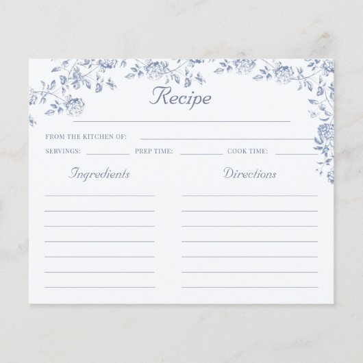 Chinoiserie Blaues Brautparty Rezept Karte (Vorderseite)