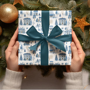 Chinoiserie Blaues Weihnachtsdorf-Geschenkpapier Geschenkpapier