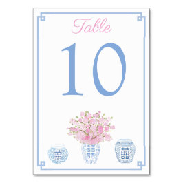 Chinoiserie Blue and Pink Baby Dusche Mittagessen Tischnummer
