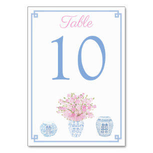 Chinoiserie Blue and Pink Baby Dusche Mittagessen Tischnummer