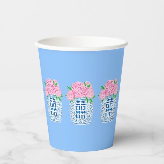 Chinoiserie Blue and White Peony Paper Cups Pappbecher (Vorderseite)