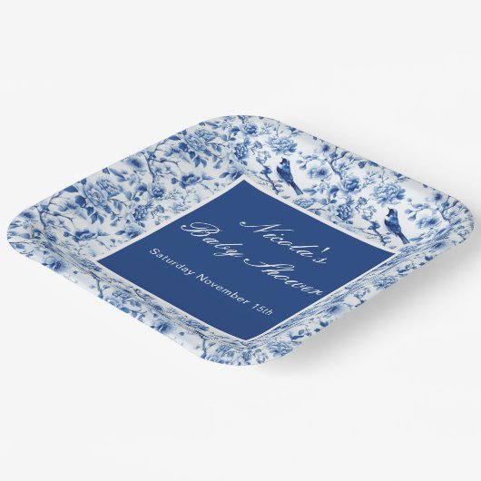 Chinoiserie Blue Birds and Flowers Baby Shower Pappteller (Gewinkelt)