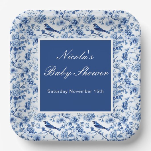 Chinoiserie Blue Birds and Flowers Baby Shower Pappteller (Vorderseite)