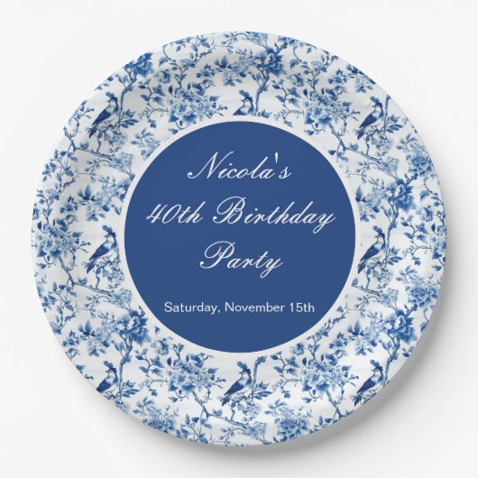 Chinoiserie Blue Birds and Flowers Birthday Pappteller (Vorderseite)