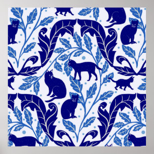 Chinoiserie Blue Black Cat-Whimsical Poster