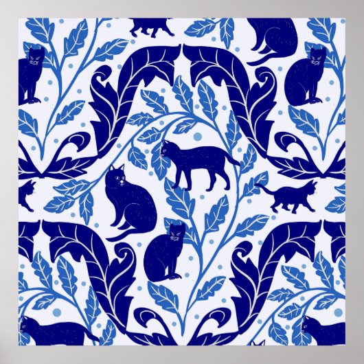 Chinoiserie Blue Black Cat-Whimsical Poster (Vorne)