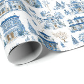 Chinoiserie Blue Christmas Village Wrapping Paper Geschenkpapier (Rolleneckpunkt)