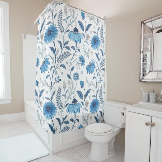 Chinoiserie Blue Echinacea Pattern Duschvorhang (Beispiel)