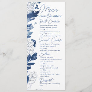 Chinoiserie Blue Elegante Pagode und Blumenstrauß Menükarte