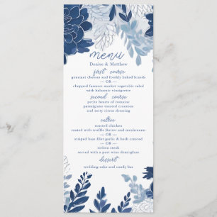Chinoiserie Blue Elegante Pagode und Blumenstrauß Menükarte
