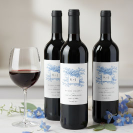 Chinoiserie Blue Floral Classic Wedding Monogram Weinetikett