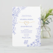 Chinoiserie Blue Floral Gold Herzstück Hochzeit Einladung (Stehend Vorderseite)