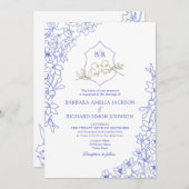 Chinoiserie Blue Floral Wappen Hochzeit Einladung (Vorne/Hinten)