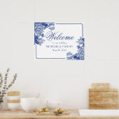 Chinoiserie Blue Floral Wedding Begrüßungszeichen Poster (Küche)
