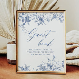Chinoiserie Blue Floral Wedding Gästebuchunterschr Poster