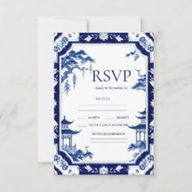Chinoiserie Blue Floral Wedding RSVP Cards