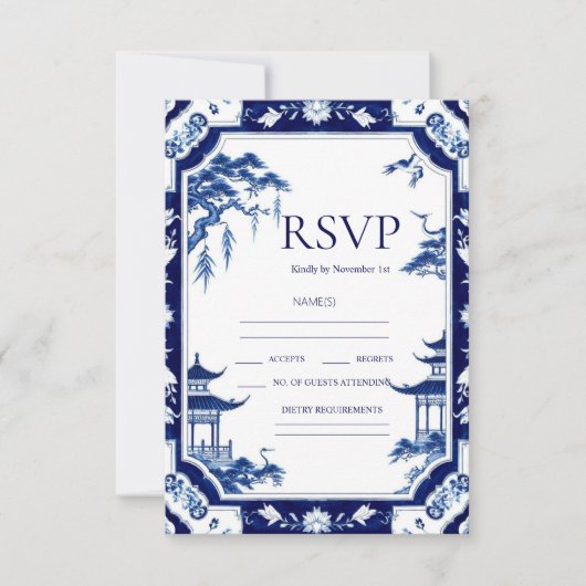 Chinoiserie Blue Floral Wedding RSVP Cards Karte (Vorderseite)