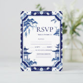 Chinoiserie Blue Floral Wedding RSVP Cards Karte (Stehend Vorderseite)