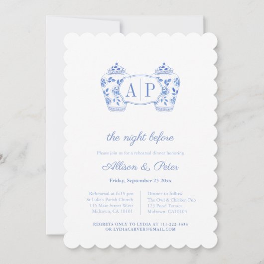Chinoiserie Blue Monogram Wedding Probe Dinner Einladung (Vorderseite)