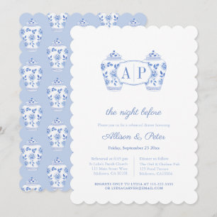 Chinoiserie Blue Monogram Wedding Probe Dinner Einladung