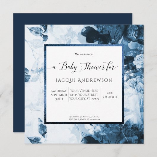 Chinoiserie Blue n White Floral Script Baby Dusche Einladung (Vorne/Hinten)