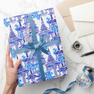 Chinoiserie Blue Pagodas Geschenkpapier