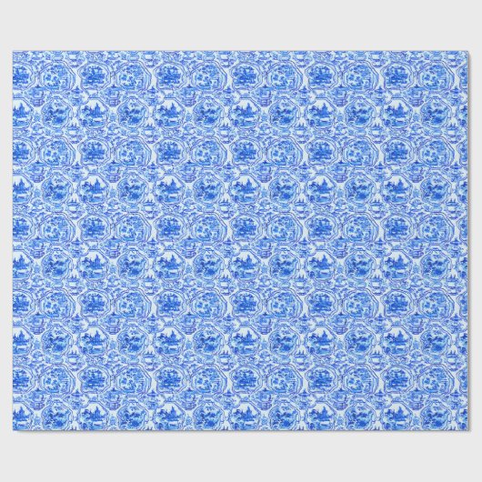 Chinoiserie Blue Pagodas Geschenkpapier (Flach)