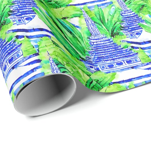 Chinoiserie Blue Pagodas Geschenkpapier (Rolleneckpunkt)