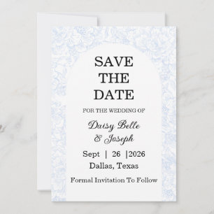Chinoiserie Blue Peony Wedding rettet das Datum Einladung