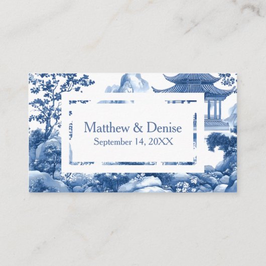 Chinoiserie Blue Toile Pagoda Wedding RSVP Begleitkarte (Rückseite)