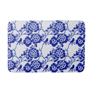Chinoiserie Blue und White Bird Floral Hampton Badematte