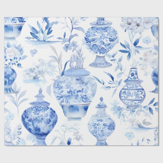 Chinoiserie Blue Vase Wrapping Paper Geschenkpapier (Flach)