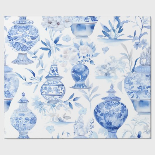 Chinoiserie Blue Vase Wrapping Paper Geschenkpapier (Saum)
