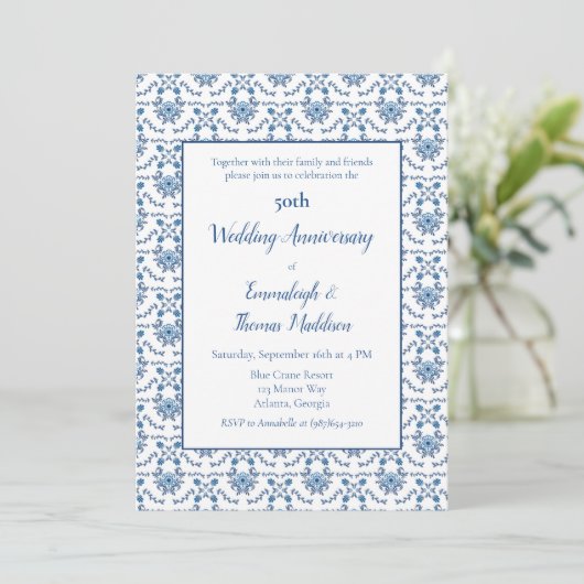 Chinoiserie Blue White 50. Hochzeitstag Einladung (Stehend Vorderseite)