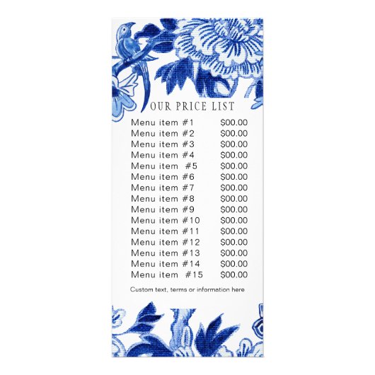 Chinoiserie Blue White Business Price List Werbekarte (Vorne)