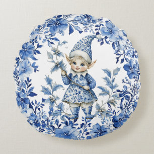 Chinoiserie Blue White Floral Christmas Elf Rundes Kissen